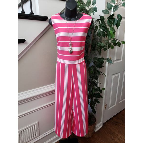 New York & Company Jumpsuit Womens L Pink White Striped Stretch Pockets Back Zip - Picture 1 of 13